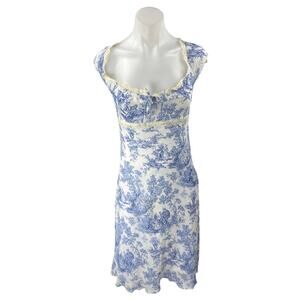 La Belle White Blue Floral Lace Short Sleeve Scoop Neck Sheath Midi Dress Size S
